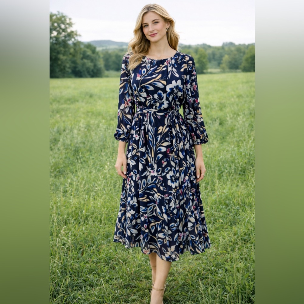 Donna Karan DKNY Dress 14 Washable Long Sleeve Flowy A Line Blouson W Belt